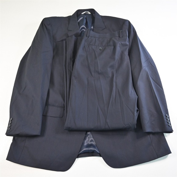 Jhane Barnes 46L 40x32 Navy Blue Striped 100% Wool‎ Mens Jacket Pants Suit
